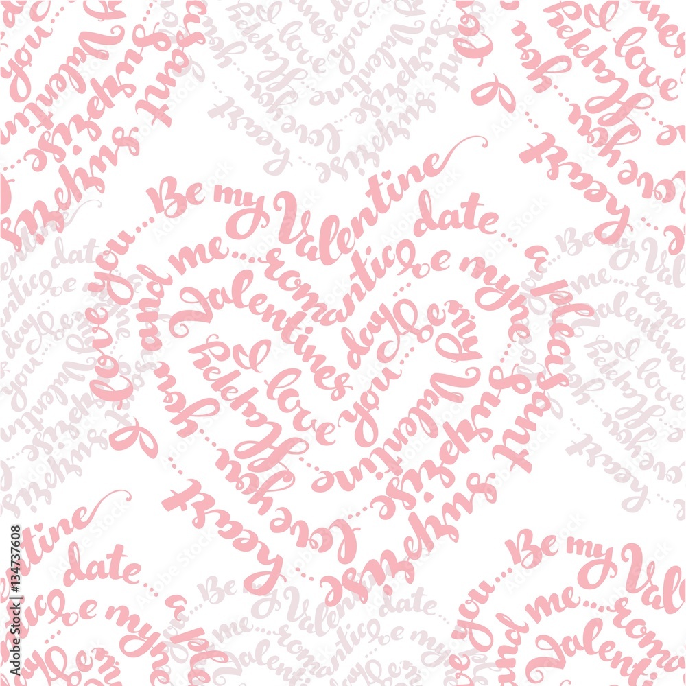 Red seamless pattern from by St. Valentine's Day white calligraphic inscription in the form of heart