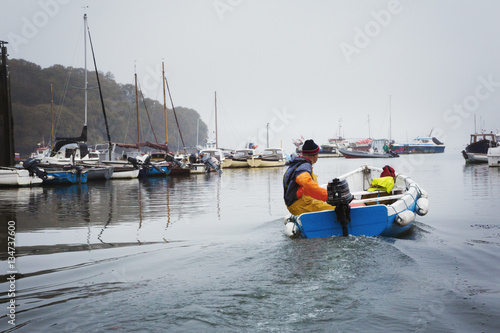 Sailing boats and motorboats moored in the Fal estuary. A fisherman in a small boat. 