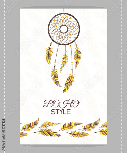 Vintage card. Boho style. Two flyers decorated with feathers and dream catcher with Indian style.