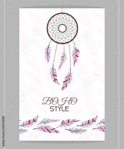 Vintage card. Boho style. Two flyers decorated with feathers and dream catcher with Indian style.