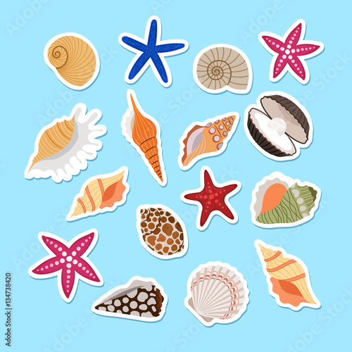 Sea shells cute stickers, vector set on light blue background
