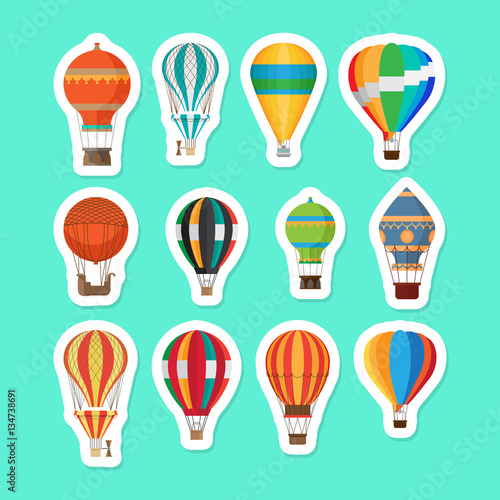 Vintage hot air balloons stickers set. Cartoon air balloons vector icons set