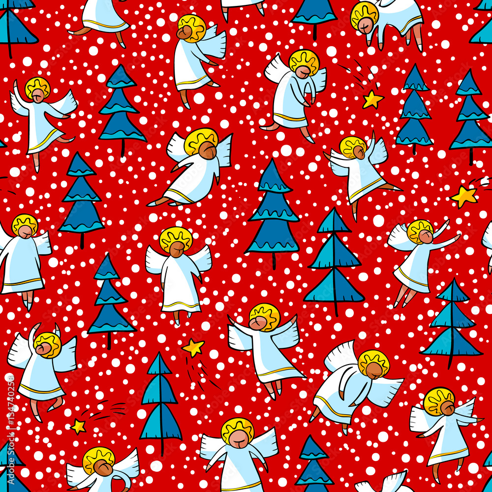 Seamless pattern with doodle dancing angels and pine trees . Winter background Seamless pattern with doodle dancing angels and pine trees . Winter background