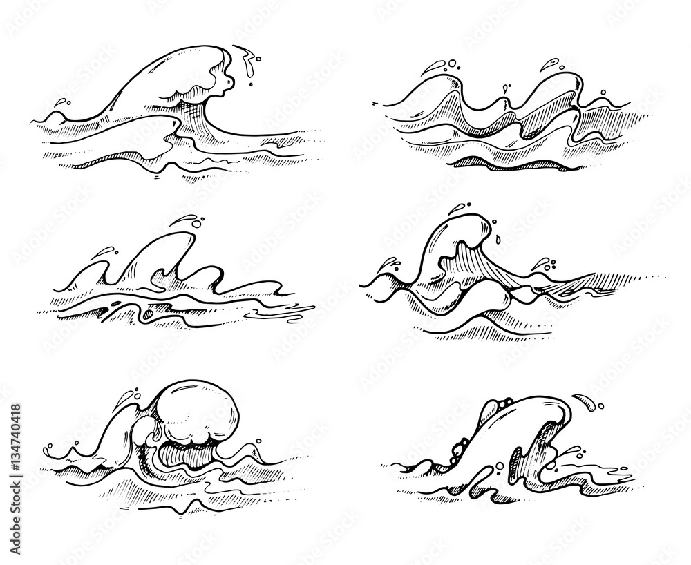 Naklejka premium Hand drawn vector waves in black over white