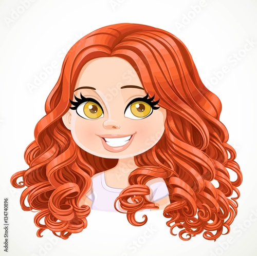 Beautiful brunette  girl with red  magnificent big curls hair po