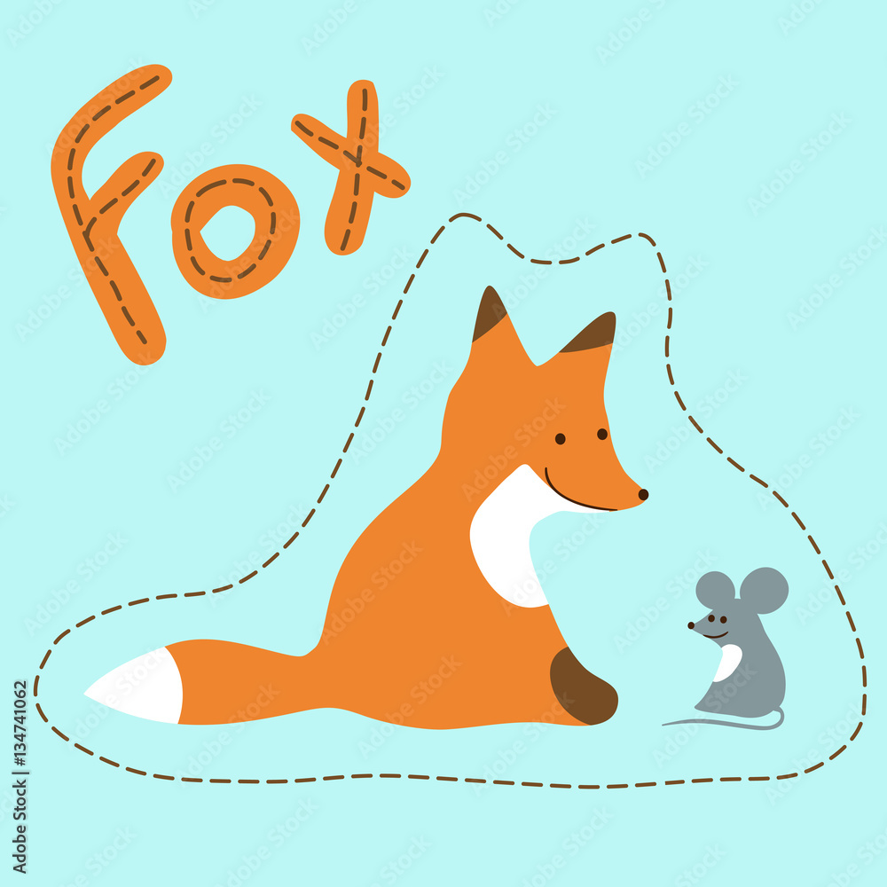 Fox and mouse. Childish vector background illustration with animals