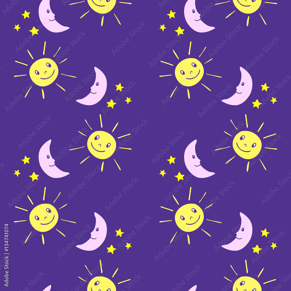 Seamless kids pattern with funny cartoon moon, sun, stars. Vector background. Seamless kids pattern with funny cartoon moon, sun, stars. Vector background.