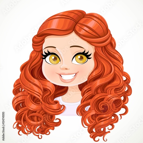 Beautiful brunette  girl with red long curly hair  portrait isol