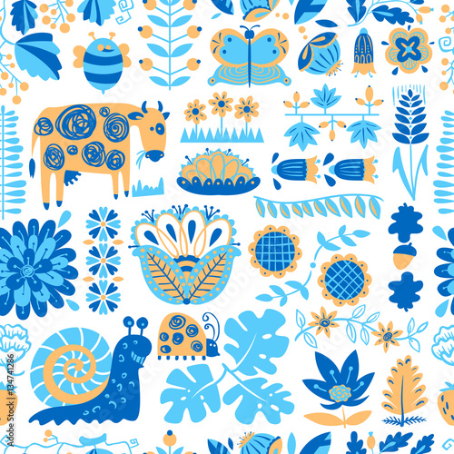 Floral seamless pattern with animals and insects.