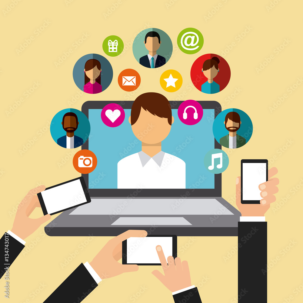 hands with smartphones and laptop computer with man and social media icons around over yellow background. colorful desing. vector illustration hands with smartphones and laptop computer with man and social media icons around over yellow background. colorful desing. vector illustration