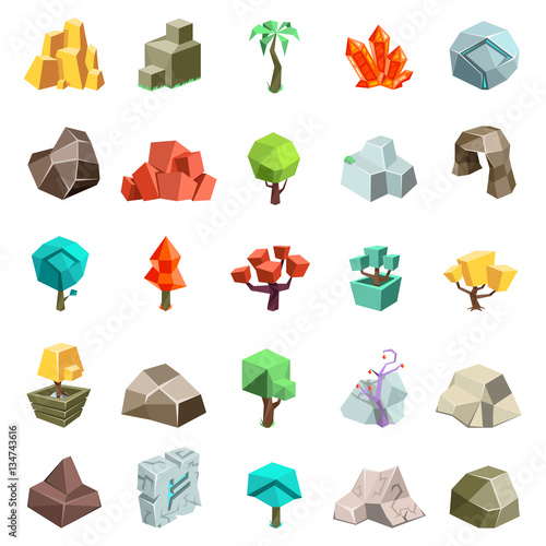 Trees rock stone boulder cave cristal rune cartoon isometric 3d flat style icons set game art environment low poly vector illustration