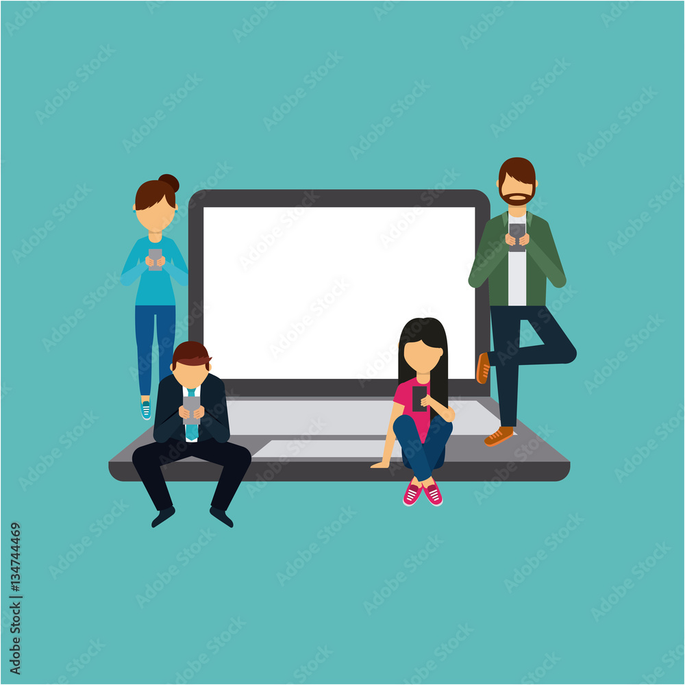 laptop computer and people using a smartphone device over blue background. colorful design. social media concept. vector illustration laptop computer and people using a smartphone device over blue background. colorful design. social media concept. vector illustration