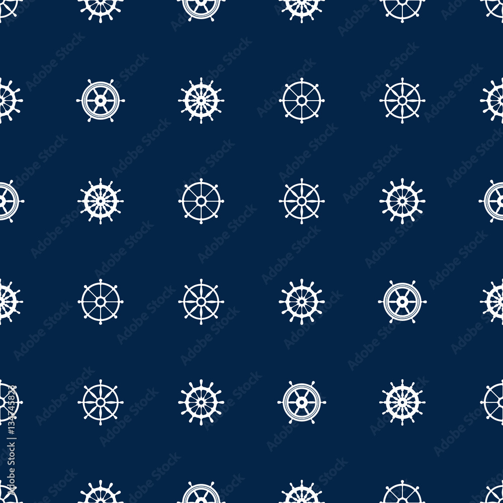 Ship helm seamless pattern. Vector yacht boat navigation blue texture