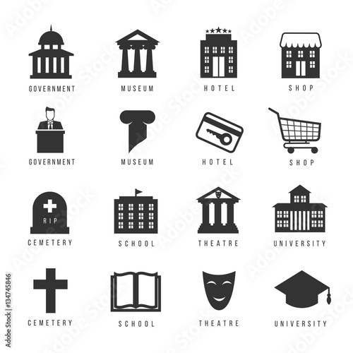 Municipal houses and icons. Town government signs