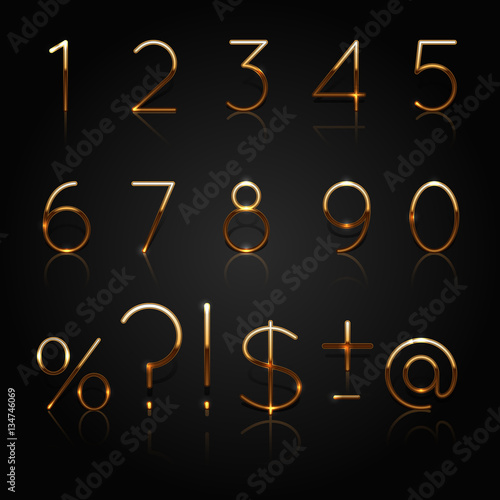 Golden numbers. Set of golden numbers and punctuation marks isolated on black background. Vector Illustration