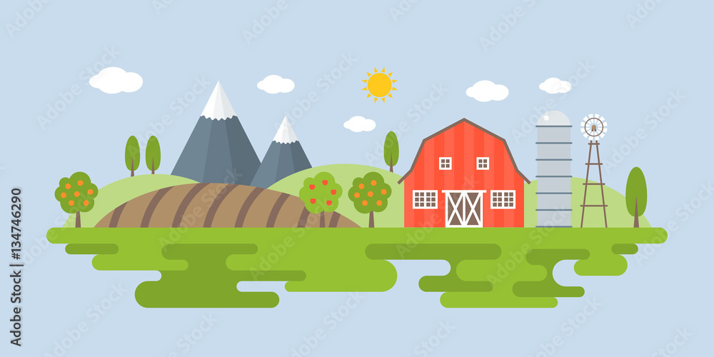 Agriculture and Farming landscape Info graphic, flat design and elements