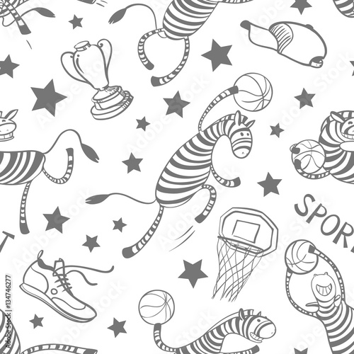 Basketball game seamless pattern with doodle cute zebra player.