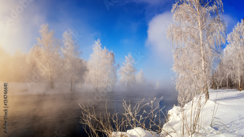 зимний пейзаж на берегу реки с лесом в инее, Россия, Урал