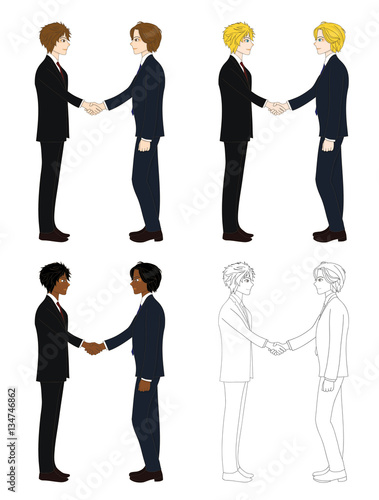 Set Two Handsome Business Men Handshake. Full Body Vector Illustration isolated on White Background