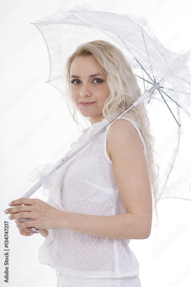Blond girl in white dress with white umbrella on white background Blond girl in white dress with white umbrella on white background