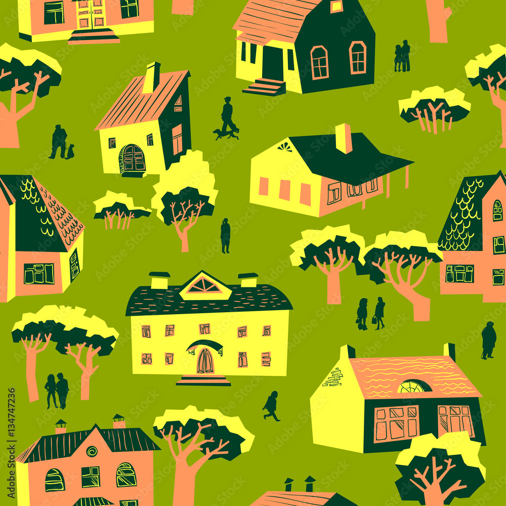 Seamless pattern with houses. Cute town vector illustration. Architecture background