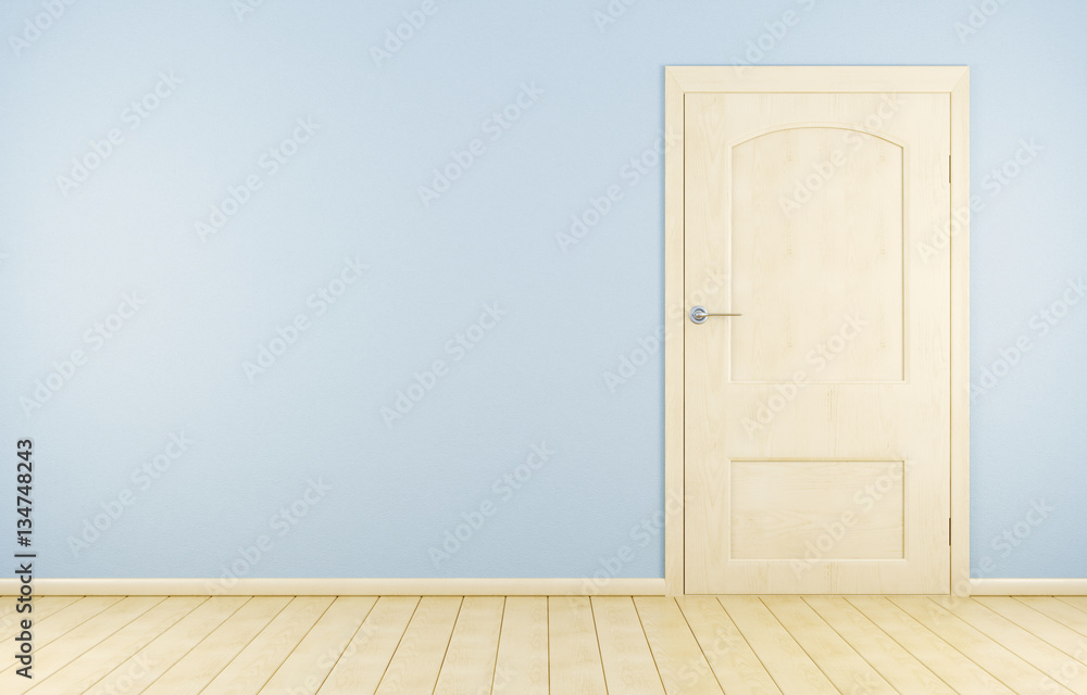 Wooden door on blue wall and wooden floor. 3d rendering Wooden door on blue wall and wooden floor. 3d rendering
