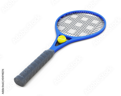 Tennis racket and ball isolated on white background. 3d renderin