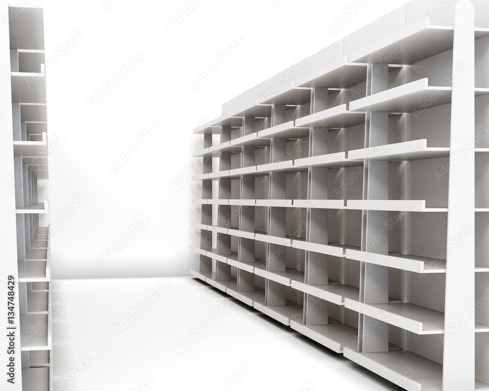 Row of racks with shelves isolated on white background. 3d rende