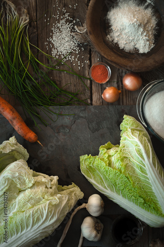 Frame of the ingredients for kimchi on the table