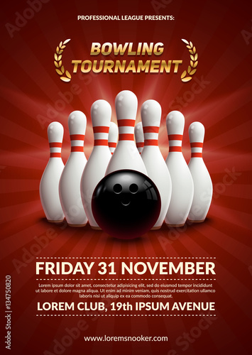 Bowling tournament poster. 3d ball and skittles composition. Eps10 vector template.