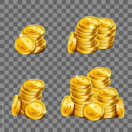 Fistful of gold coins on transparent background. Game coins illustration. Eps10 vector.