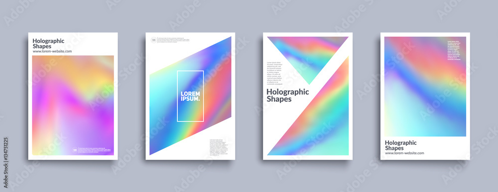 Holographic shapes backgrounds set. Modern geometric covers design. Applicable for cover,poster,brochure,magazine. Eps10 vector template.