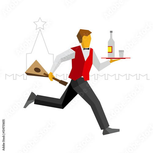 Waiter in red vest and black trousers runs with vodka on a tray and balalalika in hand. Kremlin silhouette at the back. Russian restaurant funny illustration. Simple flat style vector clip art.