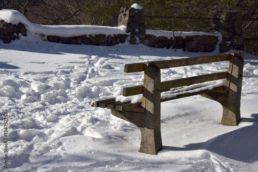 Idyllic bench in the sunlight of winter