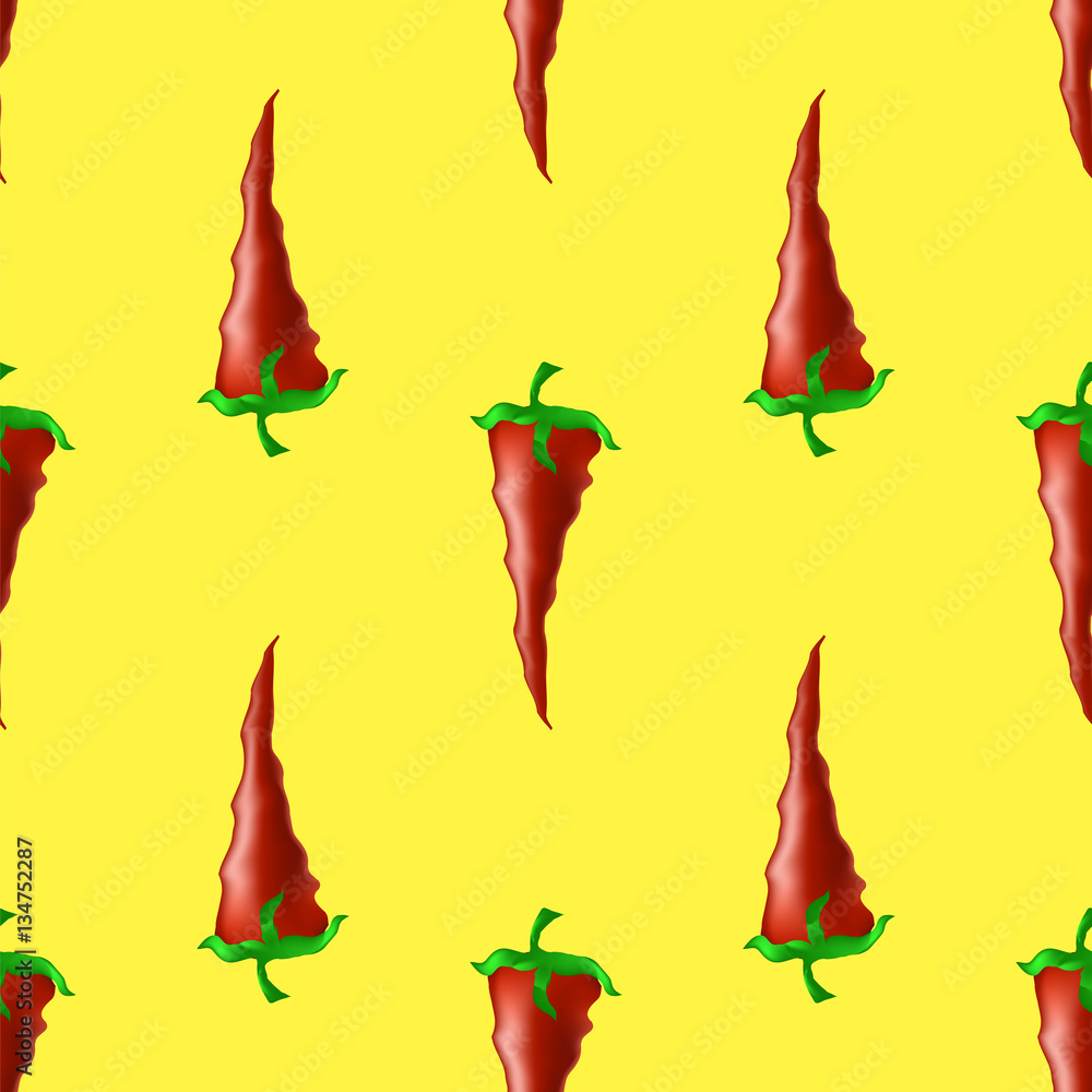 Hot Red Peppers Seamless Pattern on Yellow Background Hot Red Peppers Seamless Pattern on Yellow Background