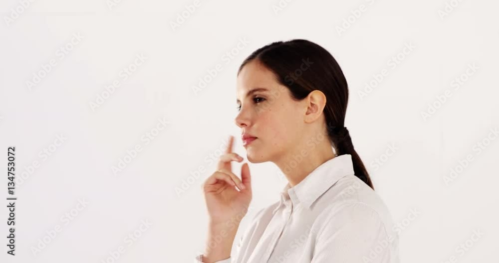 Thoughtful businesswoman standing against white background 4k Thoughtful businesswoman standing against white background 4k