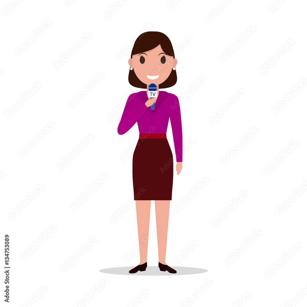 Vector cartoon girl reporter with a microphone