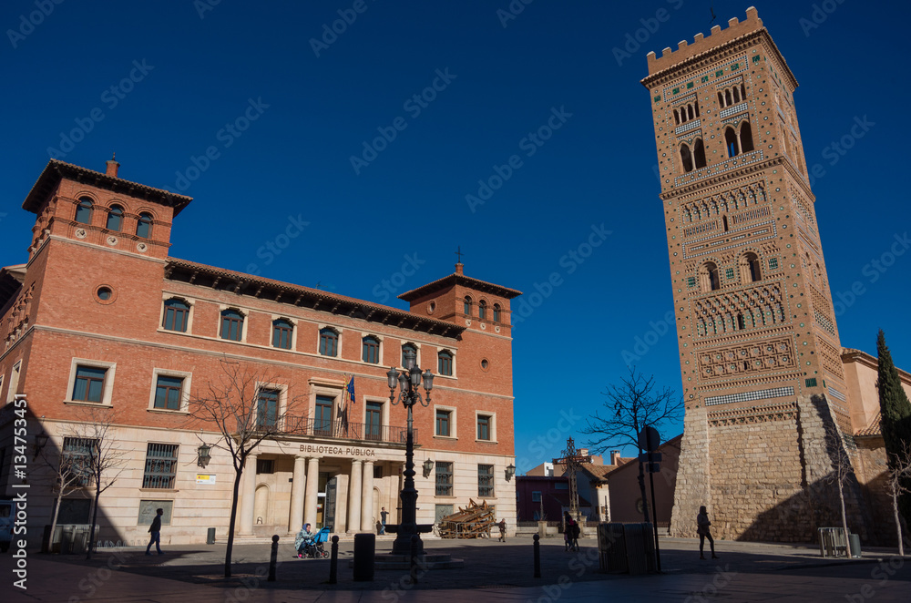 San Martin tower in mudejar style and public library on Perez Prado square is a UNESCO World Heritage Site,Teruel, Spain