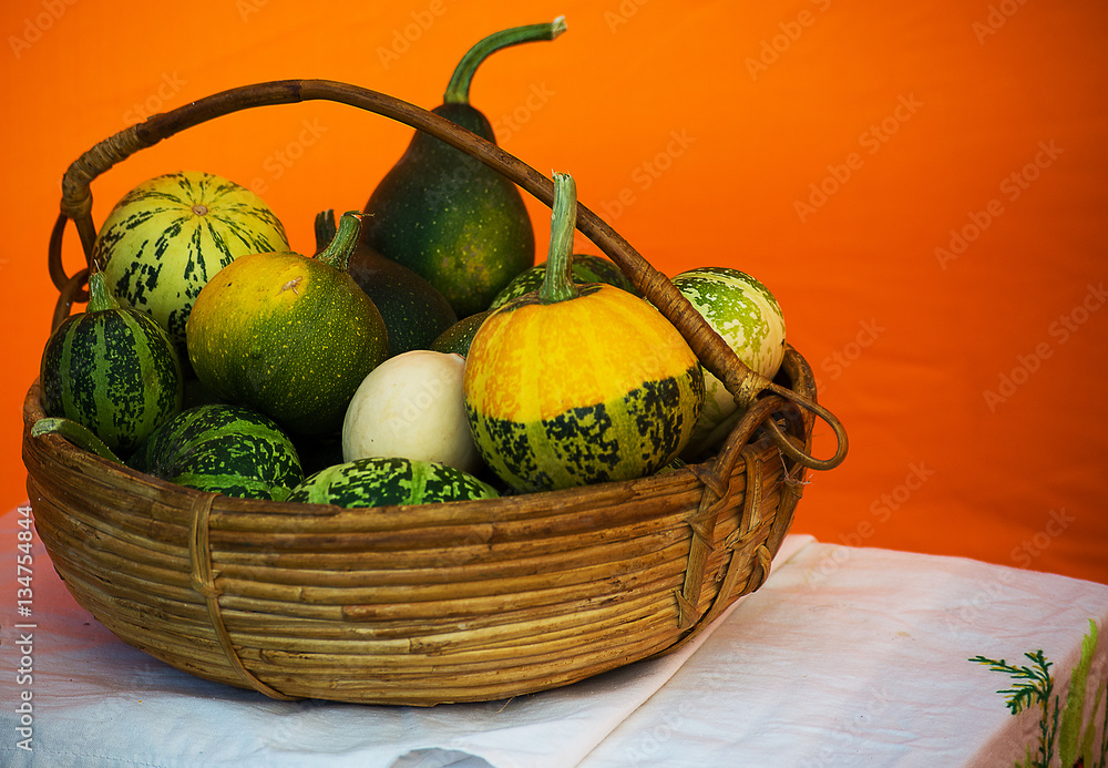 Ripe orange striped pumpkins in a basket