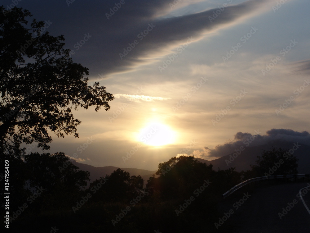 Fototapeta premium outdoor, summer, sun, sky, scene, nature, sunset, background, view, vacation, travel, mountain, season, morning, holiday, environment, dawn, beautiful, cloud, landscape, forest, sundown