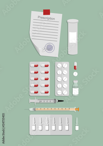 medical products - syringes, drugs, pills, prescription in a flat design