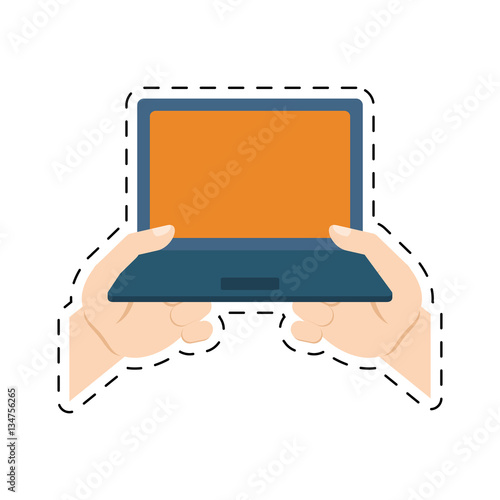 hands holding laptop shop online digital cut line vector illustartion eps 10