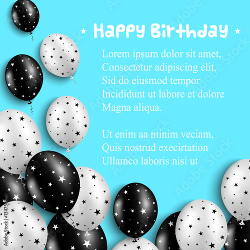 Birthday card with black and white balloons with stars on bright