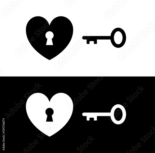 Lock Keyhole Heart Key Silhouette Vector Isolated Black White Icon