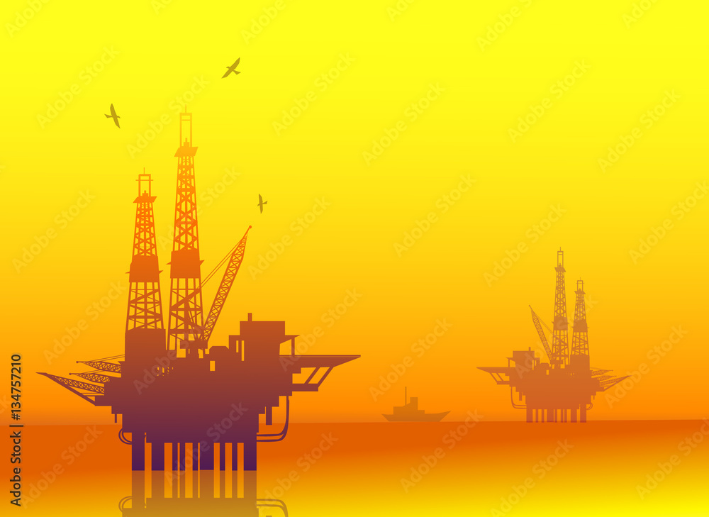 Oil Rig at Sunset - Vector