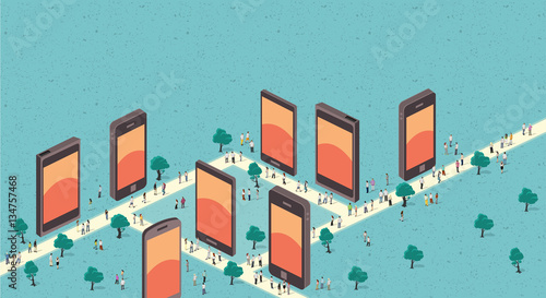 Business people in a city with smart phones