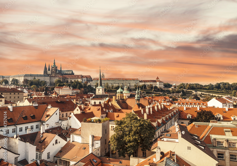 View of the historic part of Prague with St. Vitus Cathedral at sunset, Czech Republic