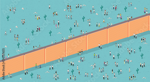 Two groups of people separated by wall. Brick wall dividing people.
