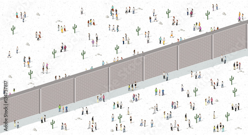 Two groups of people separated by wall. Brick wall dividing people.
