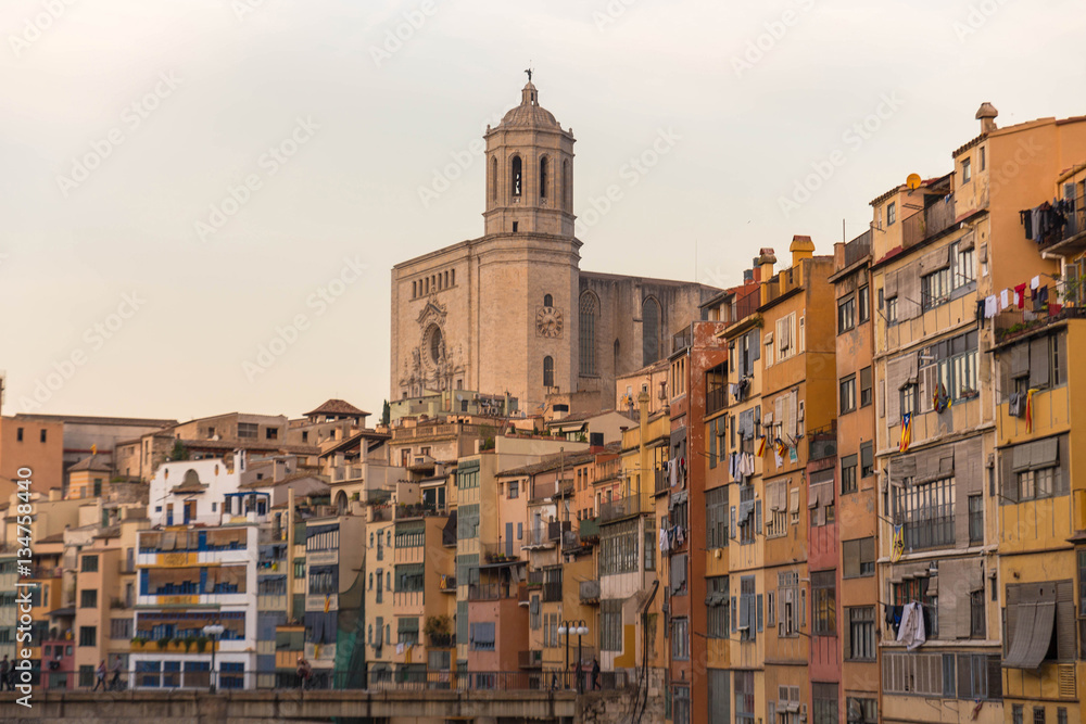 Panorama of Gerona and Cathedral, Costa Brava, Catalonia, Spain.